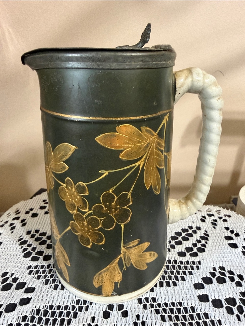 Antique-Style Dark Green Ceramic Pitcher with Gold Floral Design